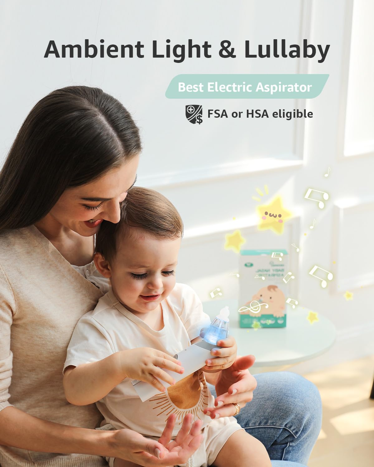 GROWNSY Nasal Aspirator for Baby, Electric Nose Aspirator for Toddler, Baby Nose Sucker, Automatic Nose Cleaner with 3 Silicone Tips, Adjustable Suction Level, Music and Light Soothing Function