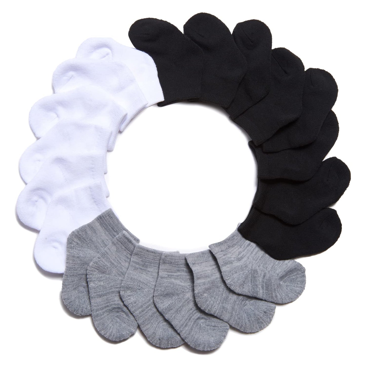 Nuby Infant Boys Basics 10-Pack Half Cushion Low Cut Baby Socks, Black/White/Light Grey, 6-12 Months