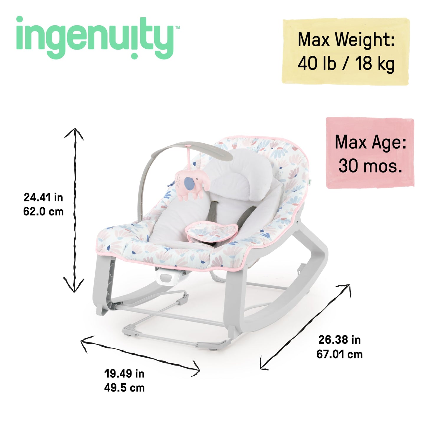 Ingenuity Keep Cozy 3 en 1 Grow with Me Asiento vibratorio para bebé y balancín para bebés a niños pequeños, vibraciones y barra de juguetes, 0-30 meses hasta 40 lbs (Ráfaga rosa)