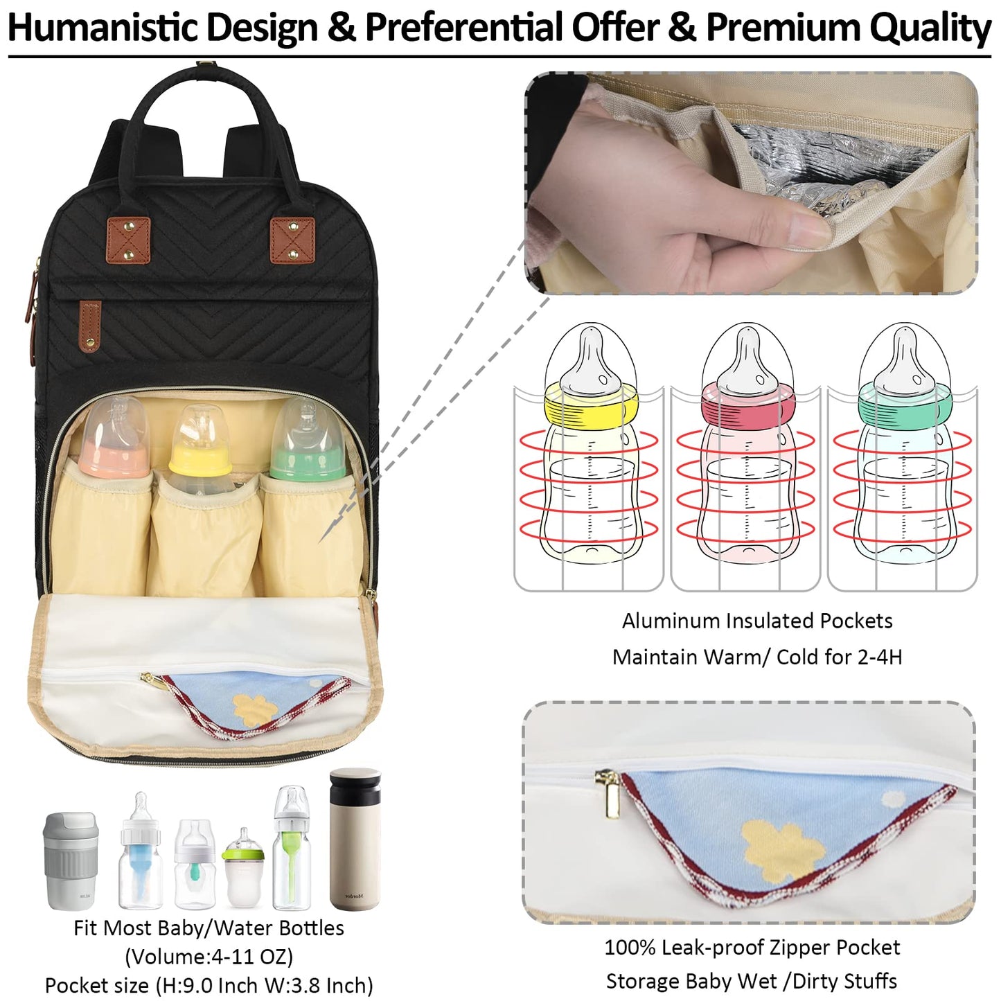Diaper Bag Backpack for Women Large Capacity with Insulated Pockets Multifunctional Diaper Bags For Baby Girl Boy Waterproof Baby Bags For Mama Maternity Travel Bag Black