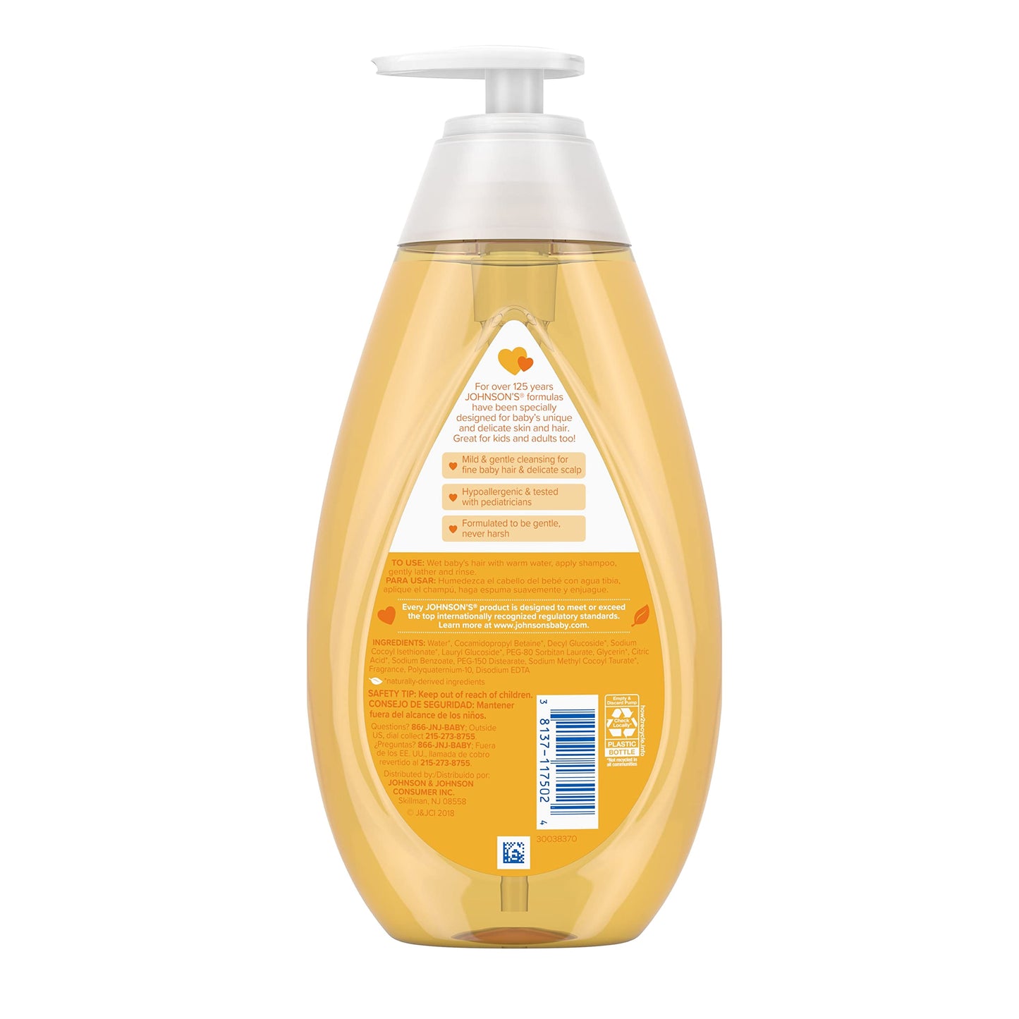 Johnson's Baby Shampoo con fórmula sin lágrimas, champú para el cuero cabelludo y la piel delicados del bebé, elimina suavemente la suciedad y los gérmenes, sin parabenos, ftalatos, sulfatos ni colorantes, 20.3 fl. onz