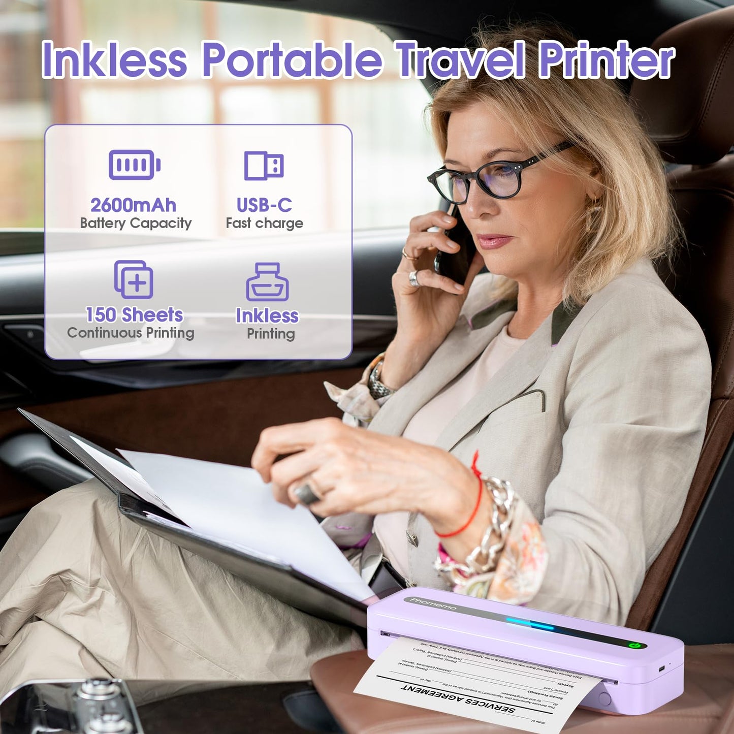 Phomemo Portable Printers Wireless for Travel, Inkless Thermal Printer, M832 Compact Bluetooth Printer for Phone Laptop, Small Mobile Printer Support 8.5'' x 11'',A4,4'',3'',2'' Thermal Paper Roll