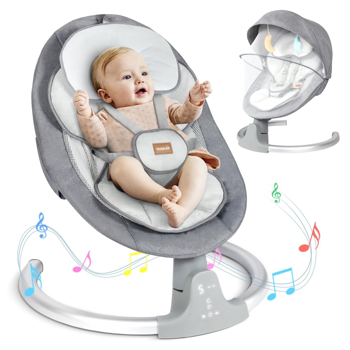 BIUSIKAN Columpios para bebés, columpio infantil con canciones de cuna, Bluetooth, 3 posiciones de asiento, pantalla táctil y control remoto, balancín para bebés al aire libre, columpio portátil para bebé