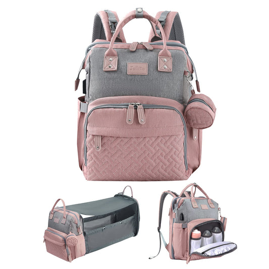 JOLLITO Mochila para pañales para bebés con cambiador, gran capacidad, correas para cochecito y puerto de carga USB, búsqueda de registro de bebé para niños y niñas