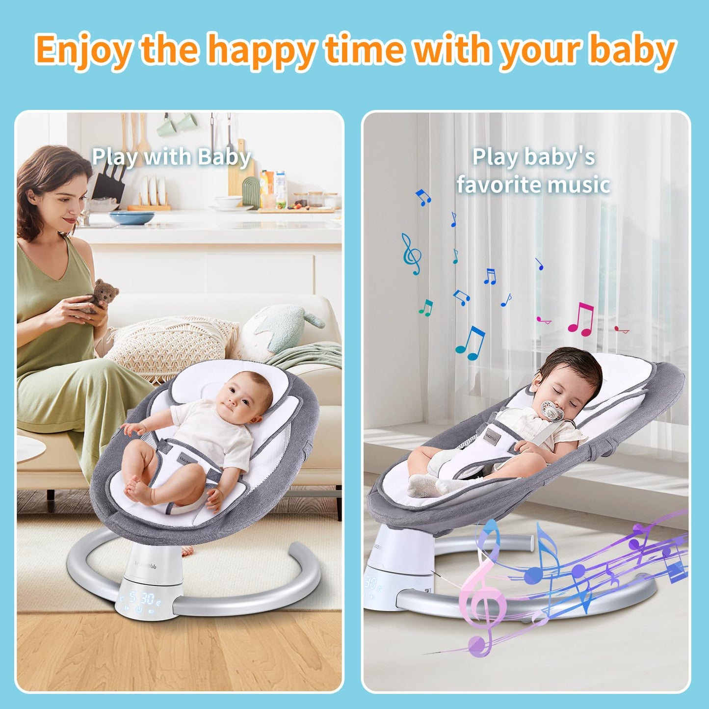 Columpio para bebés para bebés, columpio eléctrico portátil para bebés con soporte Bluetooth con 5 velocidades de columpio, 10 canciones de cuna, control remoto/panel táctil - Columpio infantil para uso en interiores y exteriores, gris