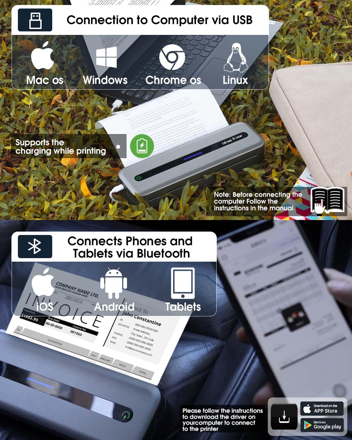 Portable Printer Wireless Bluetooth for iPad iPhone Android Laptop - A4 Inkless Printer for 2"/3"/4"/8.26"/8.5x11" Thermal Paper - 300DPI Mobile Printer for Vehicle Travel Home Office PDF Word TXT