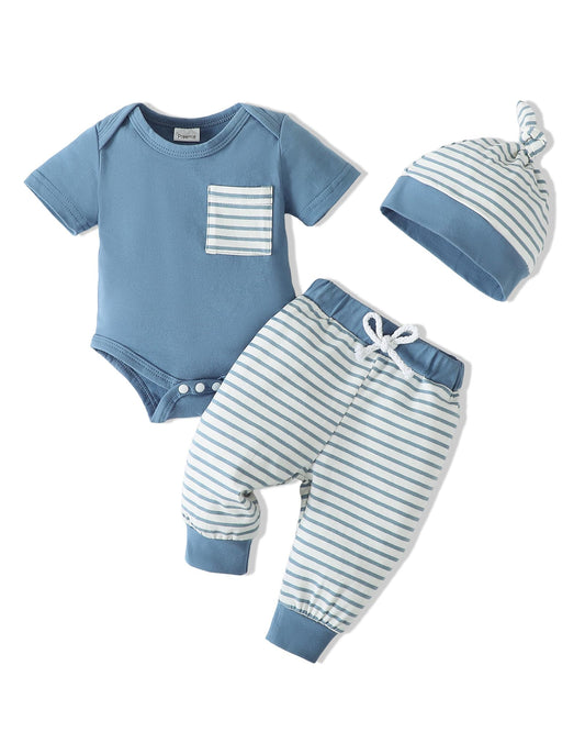 SUNNY PIGGY 0-3 Months Baby Boy Clothes Infant Newborn Preemie Boy Spring Summer Outfit Romper Pants Set+Hat 3PC Blue+Stripe