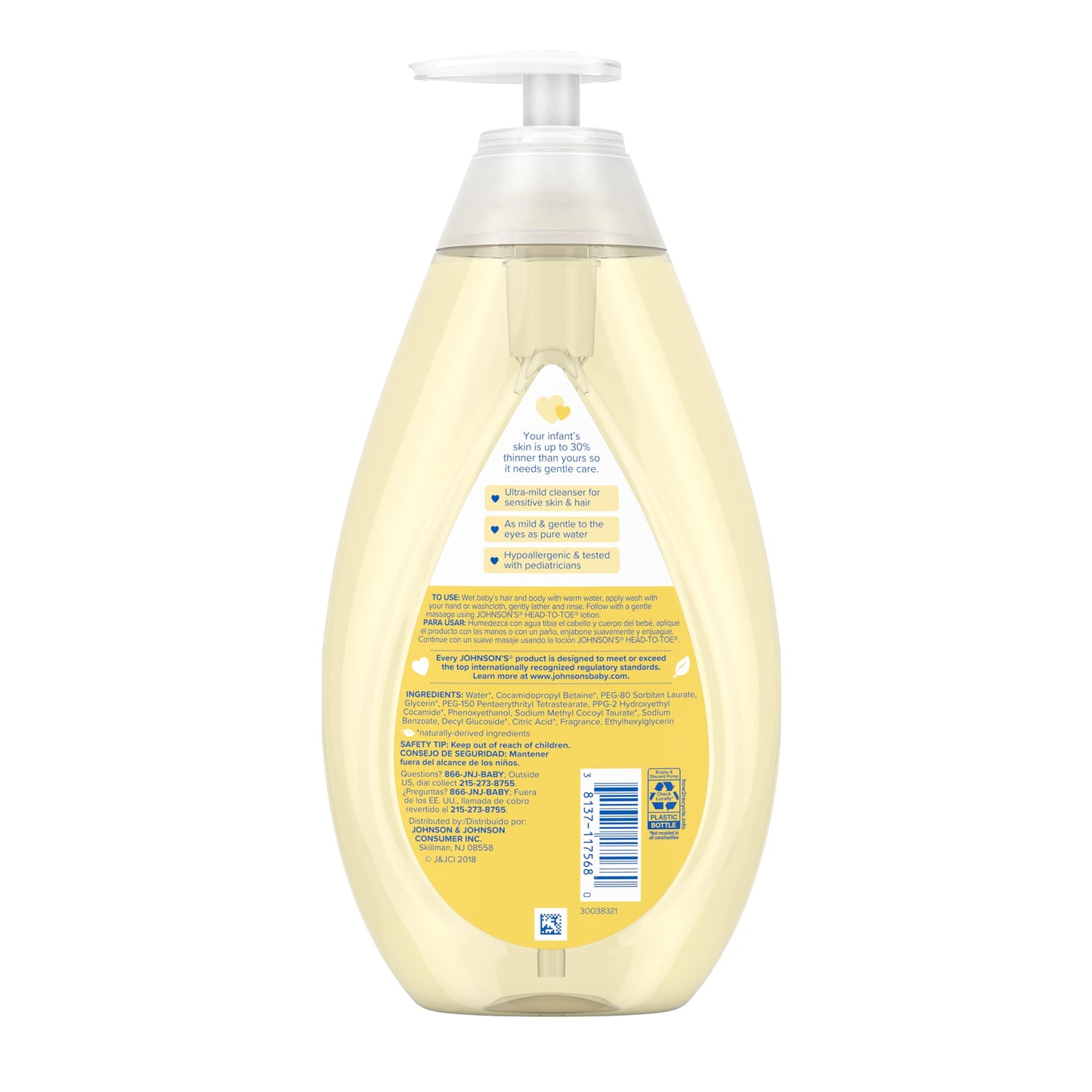 Johnson's Head-to-Toe Gentle Tear-Free Baby &amp; Newborn Wash &amp; Shampoo, sulfato, parabeno, ftalato y colorantes, lavado hipoalergénico para piel y cabello sensibles, 27.1 fl. Onz
