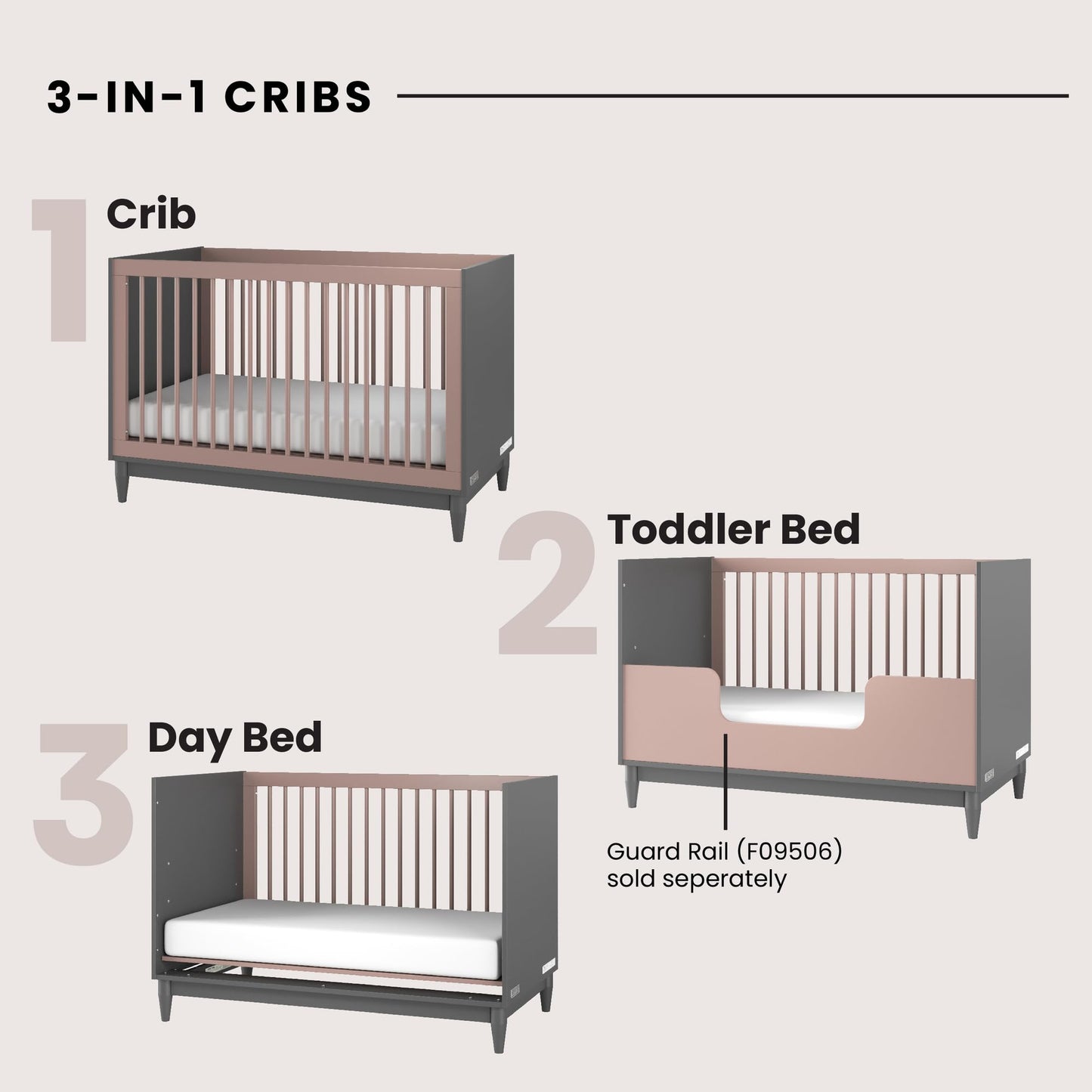 Child Craft Wynwood Crib, Double Dresser and Chest Nursery Set, 3-Piece, Includes 3-in-1 Convertible Crib, Double Dresser, and Chest, Grows with Your Baby (Rose/Graphite)
