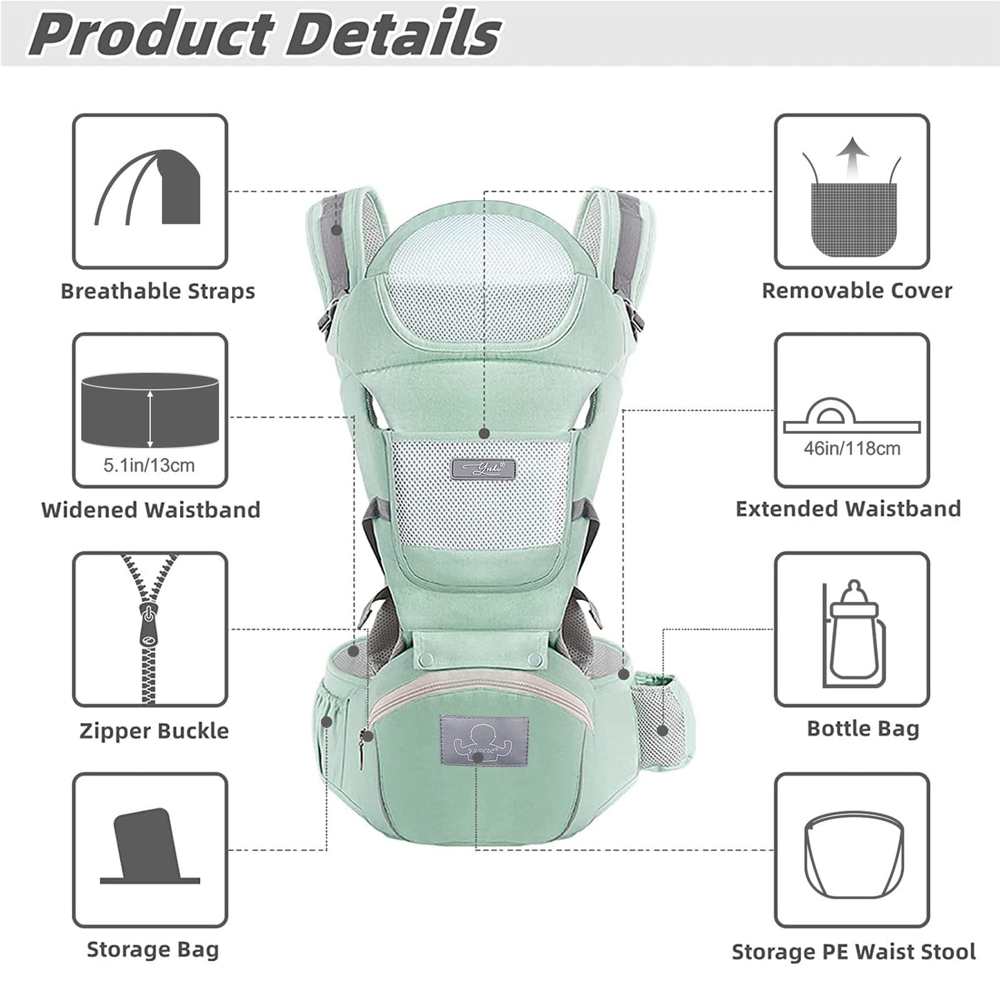 YSSKTC Baby Carrier Ergonomic Infant Carrier with Hip Seat Kangaroo Bag Soft Baby Carrier Newborn to Toddler 7-45lbs Front and Back Baby Holder Carrier for Men/Women Dad Mom