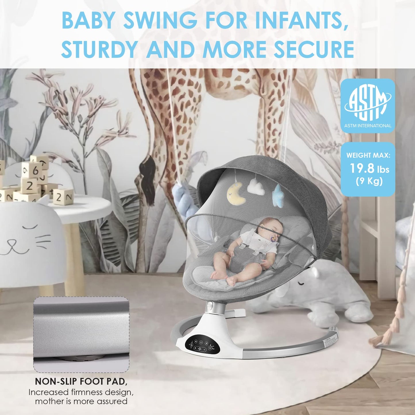 Columpio para bebés, balancín para bebés con arnés de 5 puntos, soporte Bluetooth, 10 canciones de cuna preestablecidas y 3 velocidades con control remoto, columpio infantil para bebés de hasta 20 libras, gris