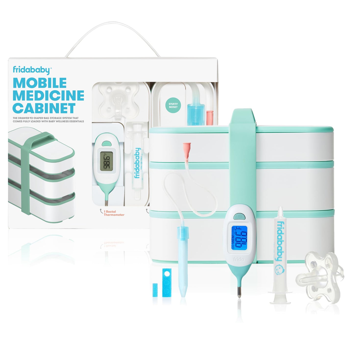 Kit de viaje con botiquín móvil Frida Baby | El set de regalo Baby Essentials incluye NoseFrida Snotsucker, termómetro rectal, dispensador de medicamentos MediFrida con estuche portátil