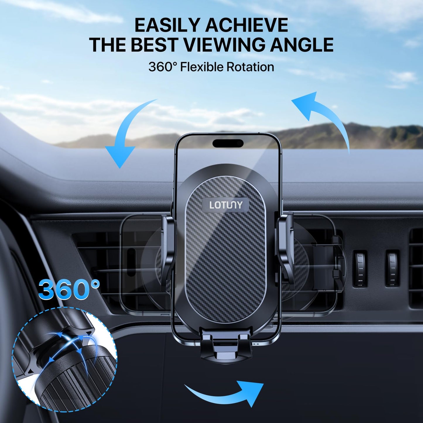 LOTUNY Car Phone Holder Mount, [Upgraded Vent Clip Never Fall Off] Universal Phone Holders for Your Car, Hands Free Air Vent Cell Phone Car Mount Compatible with iPhone Samsung and All 4.0-7.0 inches