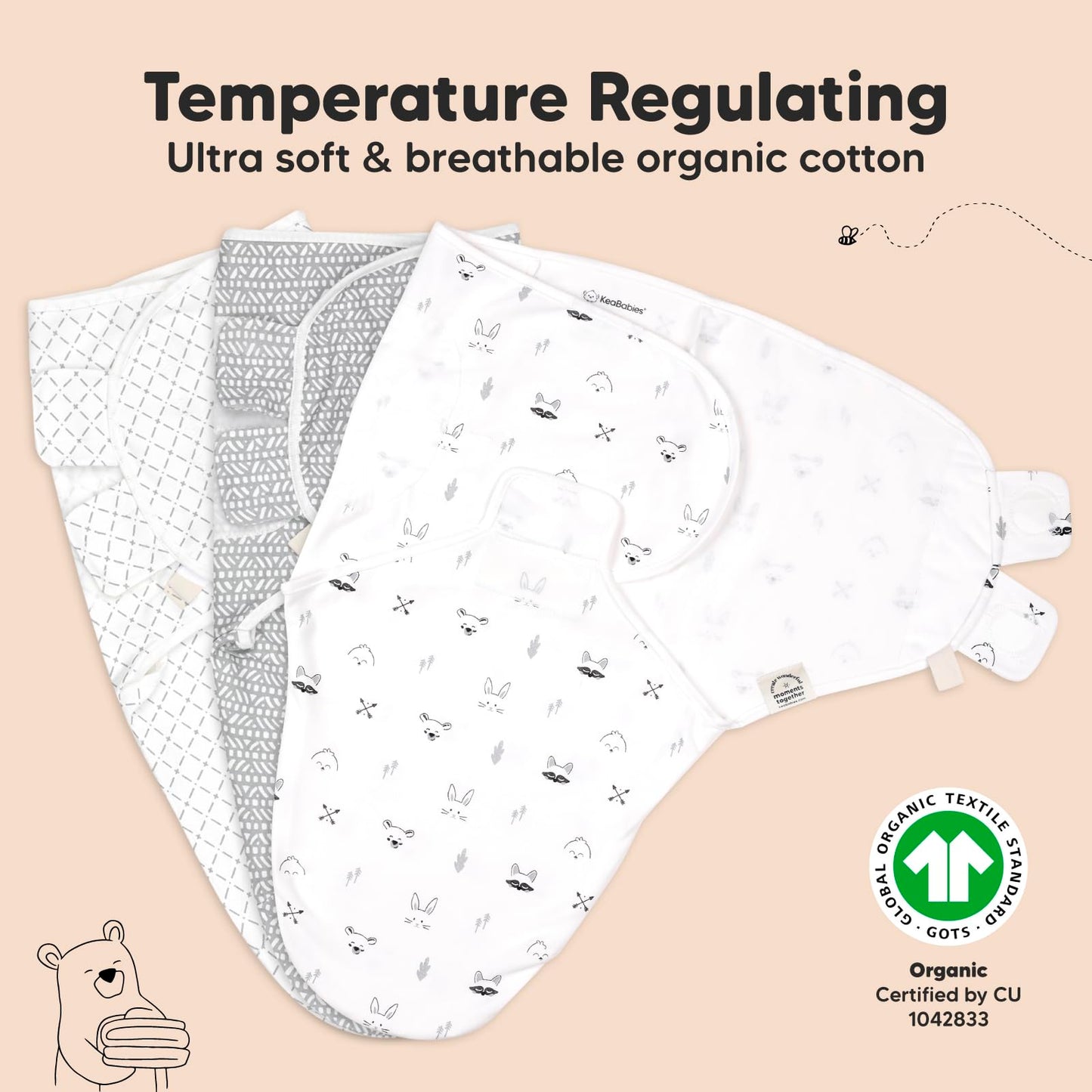 KeaBabies Paquete de 3 sacos de dormir orgánicos para bebé – Saco para recién nacido, pañales ergonómicos para bebés de 0 a 3 meses, pañales para recién nacidos, saco de dormir para bebé, manta para bebé, artículos esenciales para bebé (nórdico)