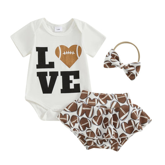 Amnnchya Ropa de bebé recién nacido Love Football de manga corta mameluco y pantalones cortos falda conjunto infantil lindo traje de verano (blanco, 6-12 meses)