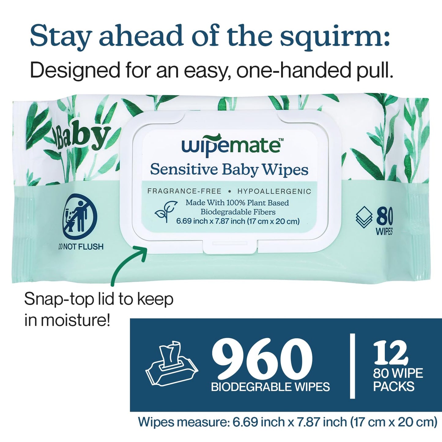 Wipemate Premium 960-Count Baby Wipes 99% Water, Plant-Based, Ultra-Gentle & Super Soft, Alcohol-Free, pH-Balanced, Hypoallergenic, Dermatologically Tested, Fragrance-Free with Convenient Flip-Top Lid