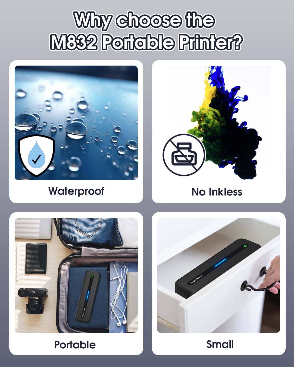 Portable Printer Wireless Bluetooth for iPad iPhone Android Laptop - A4 Inkless Printer for 2"/3"/4"/8.26"/8.5x11" Thermal Paper - 300DPI Mobile Printer for Vehicle Travel Home Office PDF Word TXT