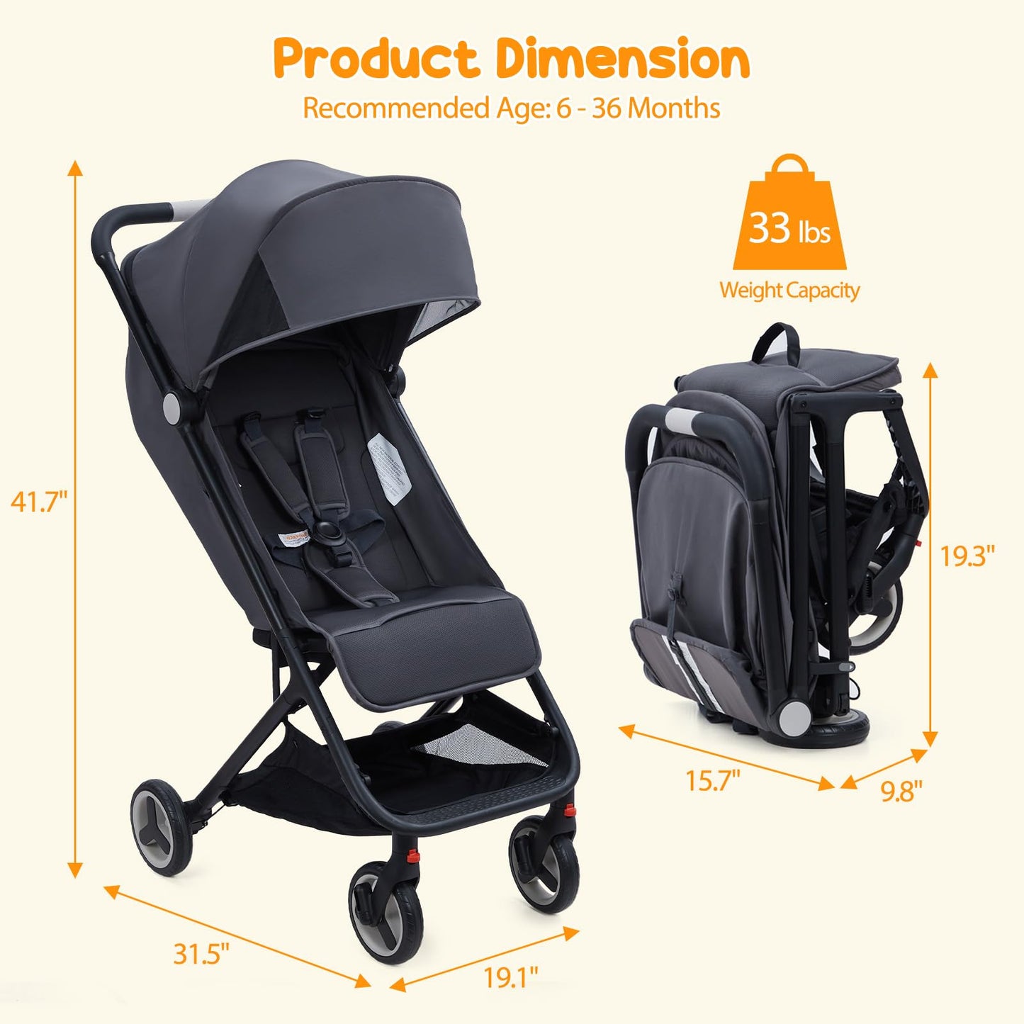 GAOMON Lightweight Stroller, Compact One Hand Fold Travel Stroller for Airplane Friendly, Reclining Seat and Canopy, Smooth Suspension, Travel System Ready, Black