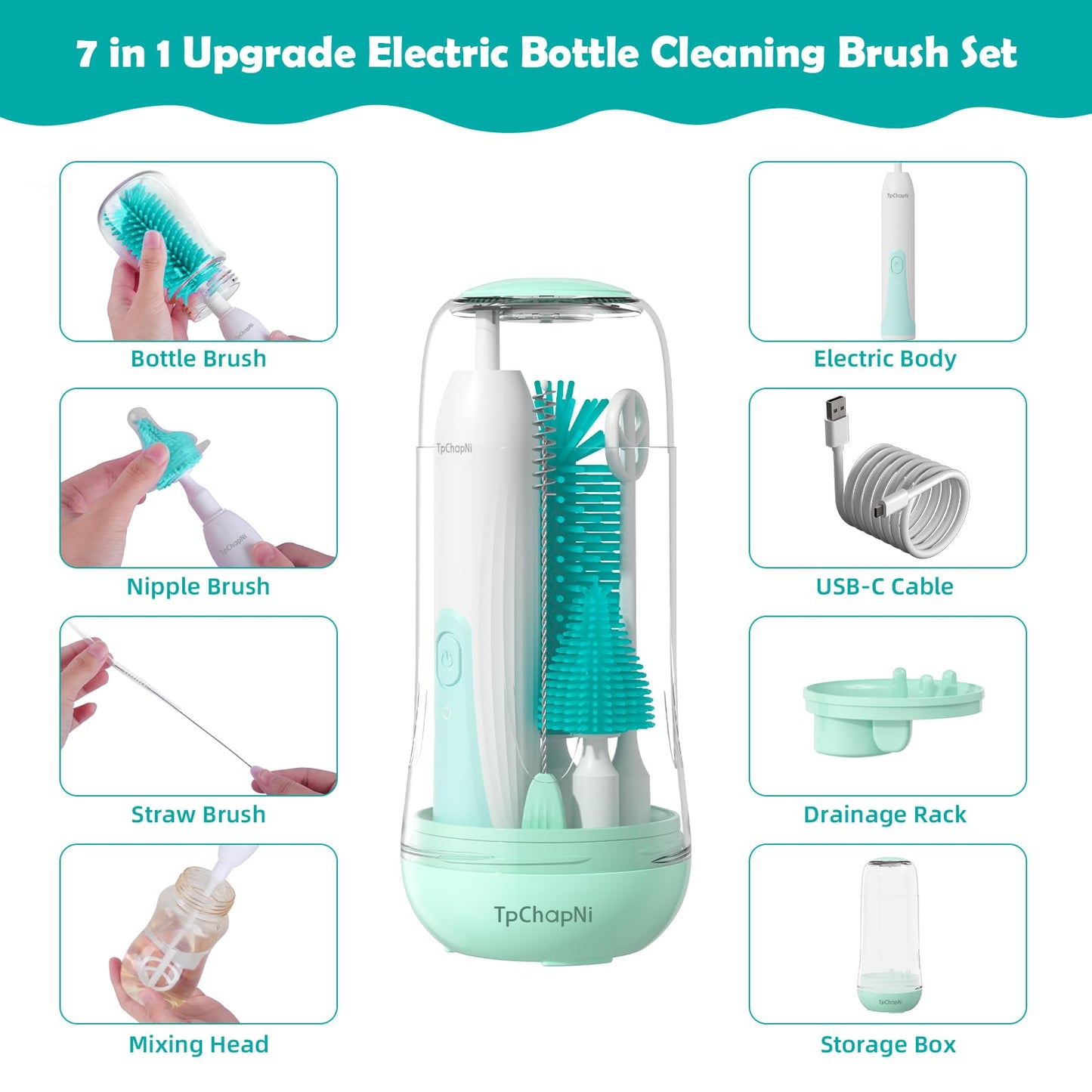 TpChapNi Electric Travel Baby Bottle Brush Set, Electric Bottle Brush Cleaner, Silicone Bottle, Nipple and Straw Brush, Stirring Disperser, Drainage Rack, Storage Box (Green)