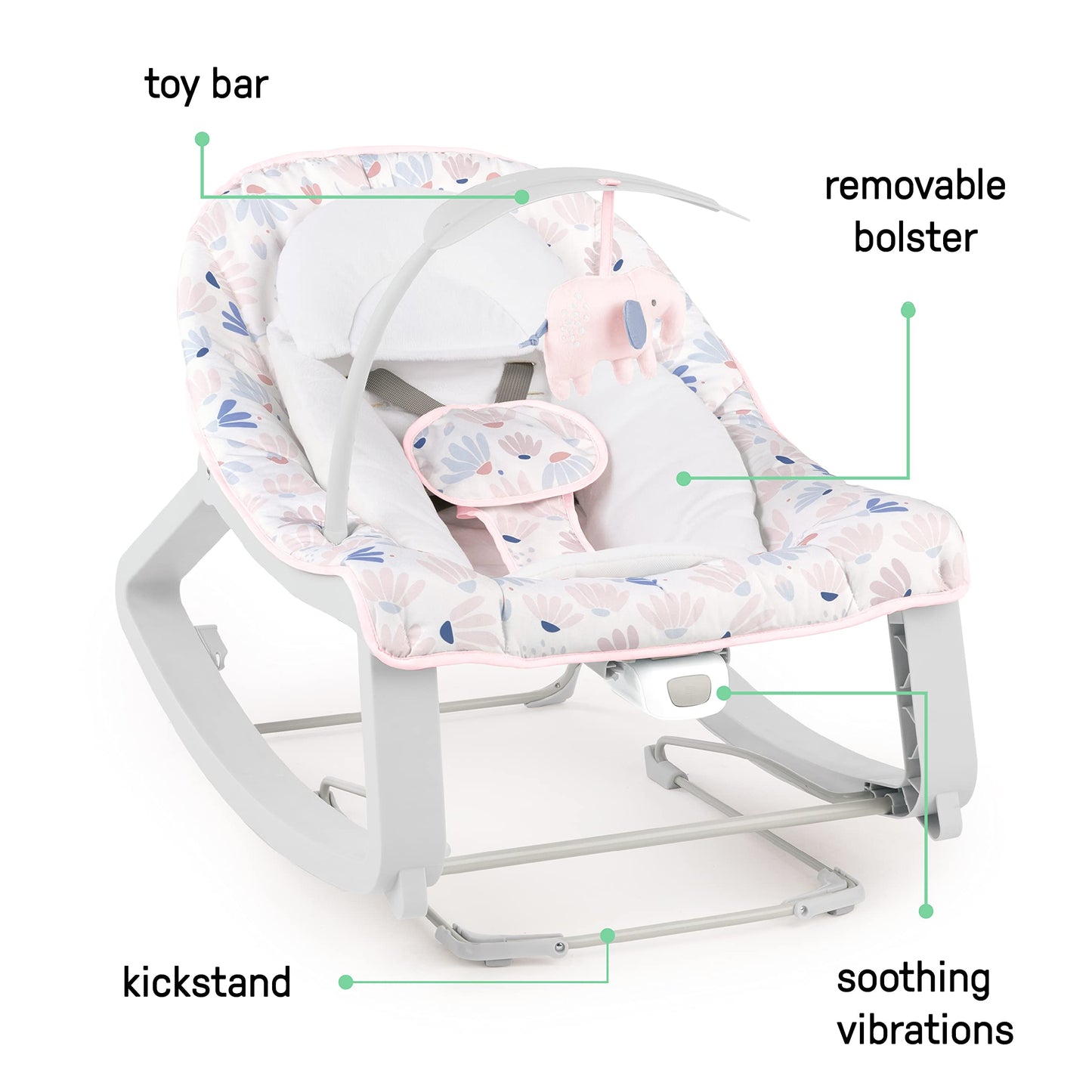 Ingenuity Keep Cozy 3 en 1 Grow with Me Asiento vibratorio para bebé y balancín para bebés a niños pequeños, vibraciones y barra de juguetes, 0-30 meses hasta 40 lbs (Ráfaga rosa)