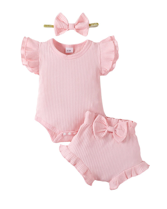 SUNNY PIGGY Baby Girl Clothes 0-3 Month Summer Newborn Girl Clothes Infant Girl Outfit Summer Short Set Soft Romper Top Baby Girls’ Clothing Headband 3Pcs Solidpink