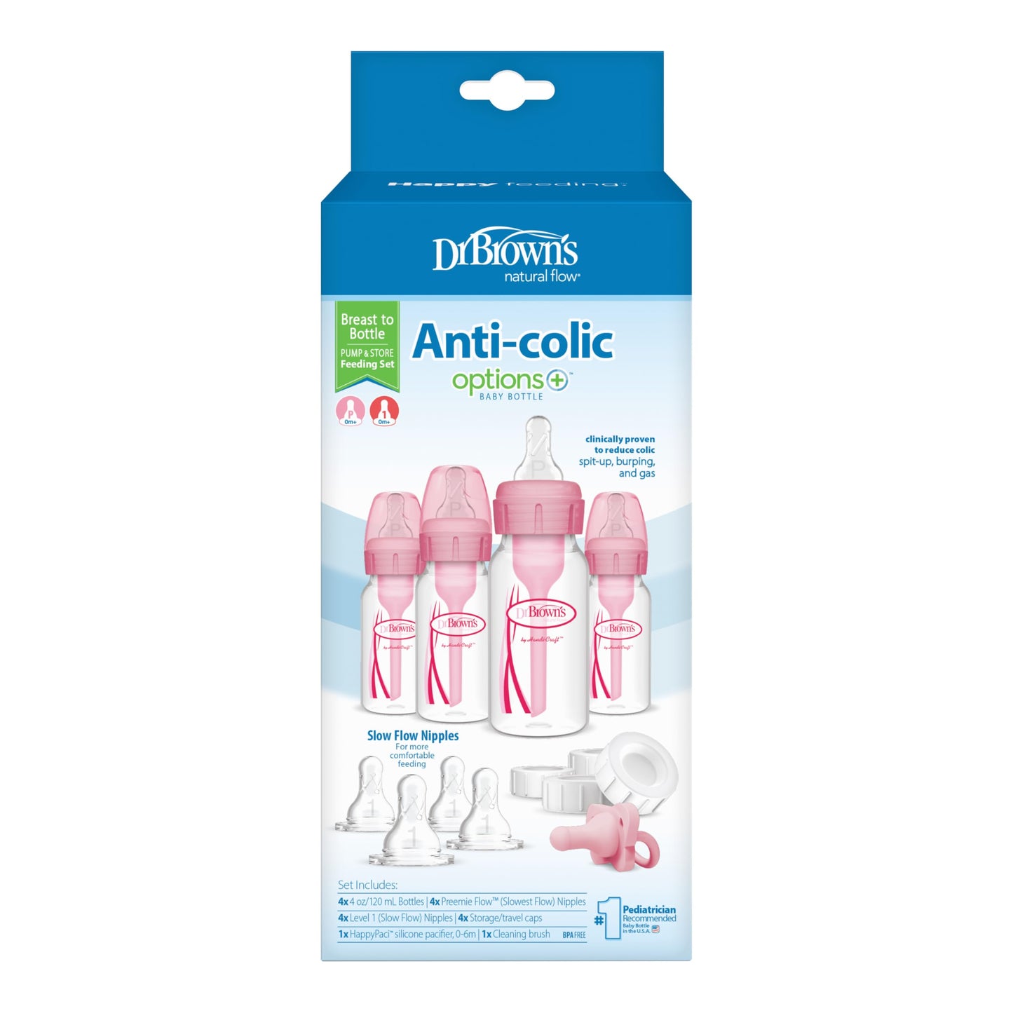 Dr. Brown's Set de alimentación anticólicos para bebés con tetinas de flujo lento, gorros de viaje y chupete de silicona - Rosa