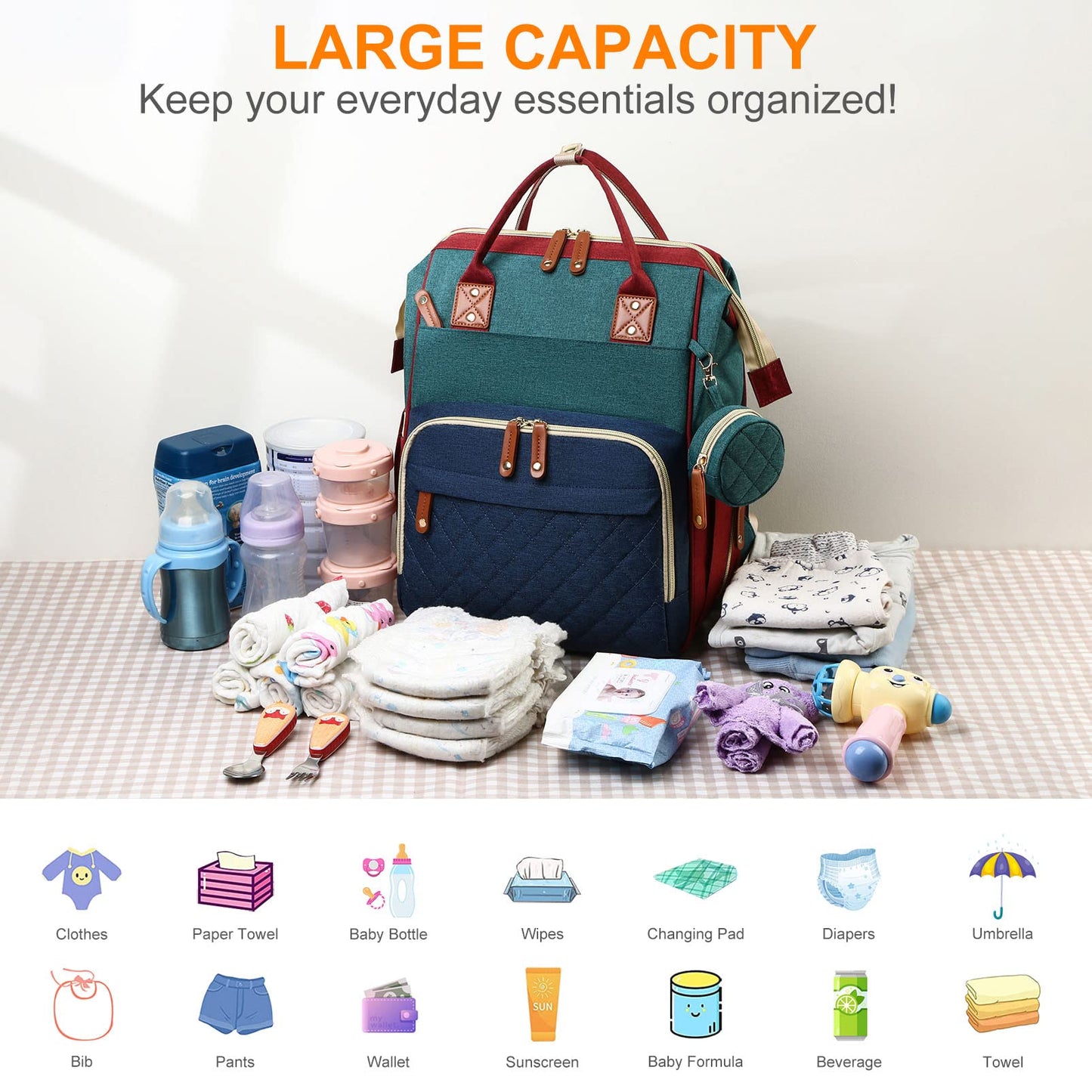 Awanhe Mochila para pañales de bebé con cambiador, bolsas impermeables para bebés para niños y niñas, puerto de carga USB, regalos para baby shower, RGB