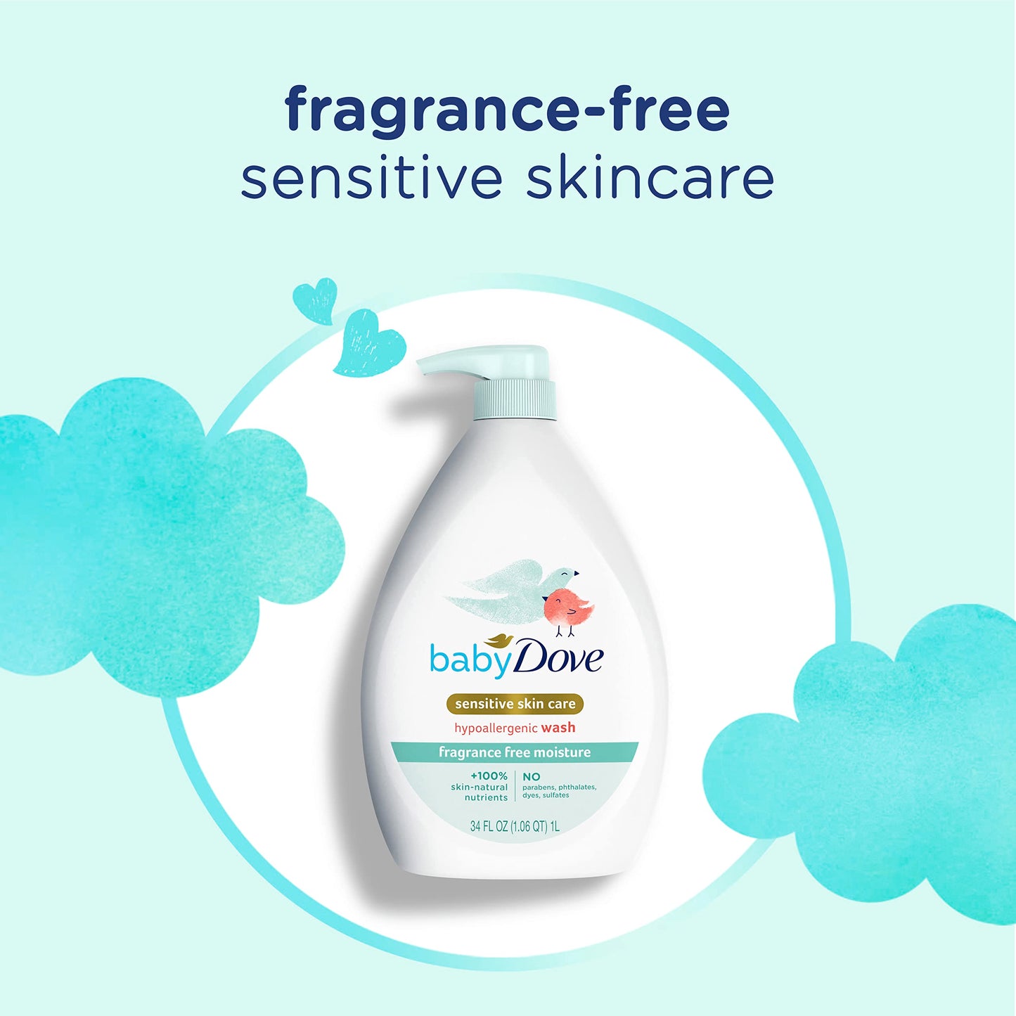 Baby Dove Cuidado de la piel sensible Jabón para bebé Sin fragancia Humedad para la hora del baño del bebé Sin fragancia e hipoalergénico, elimina las bacterias 34 oz