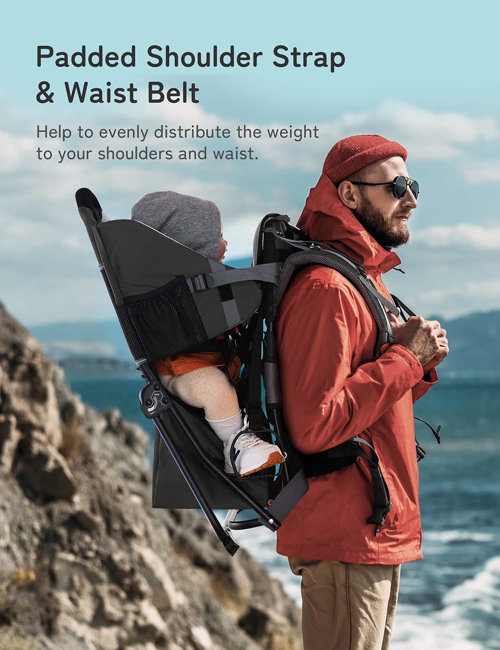 besrey Baby Backpack Carrier, Toddler Hiking Backpack with Safety 3-Height Seat, Adjustable Straps&Waist Belt, Foldable Frame Lightweight Large Capacity Child Carrier for Hiking Black