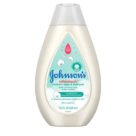 Johnson's Baby CottonTouch gel de baño y champú para recién nacidos, suave y sin desgarros, hecho con algodón real, lava suavemente la suciedad y los gérmenes, sin sulfatos ni parabenos para pieles sensibles, 13.6 onzas líquidas