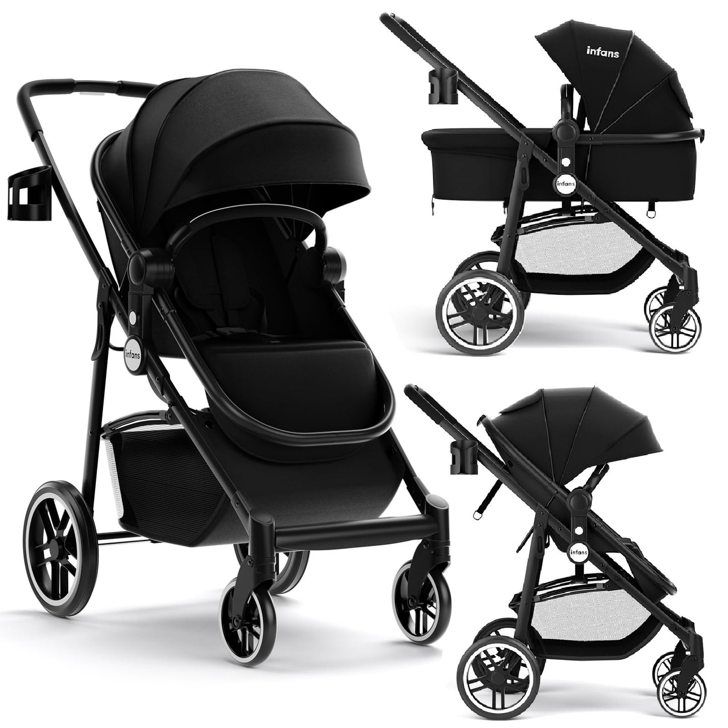 INFANS 2 in 1 Baby Stroller, High Landscape Infant Stroller & Reversible Bassinet Pram, Foldable Pushchair with Adjustable Canopy, Storage Basket, Cup Holder, Suspension Wheels (Black)