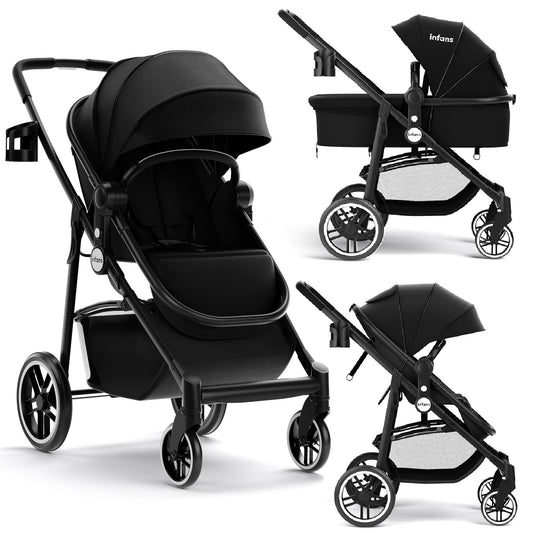 INFANS Cochecito de bebé 2 en 1, cochecito infantil de paisaje alto y cochecito de moisés reversible, cochecito plegable con dosel ajustable, cesta de almacenamiento, portavasos, ruedas de suspensión (negro)