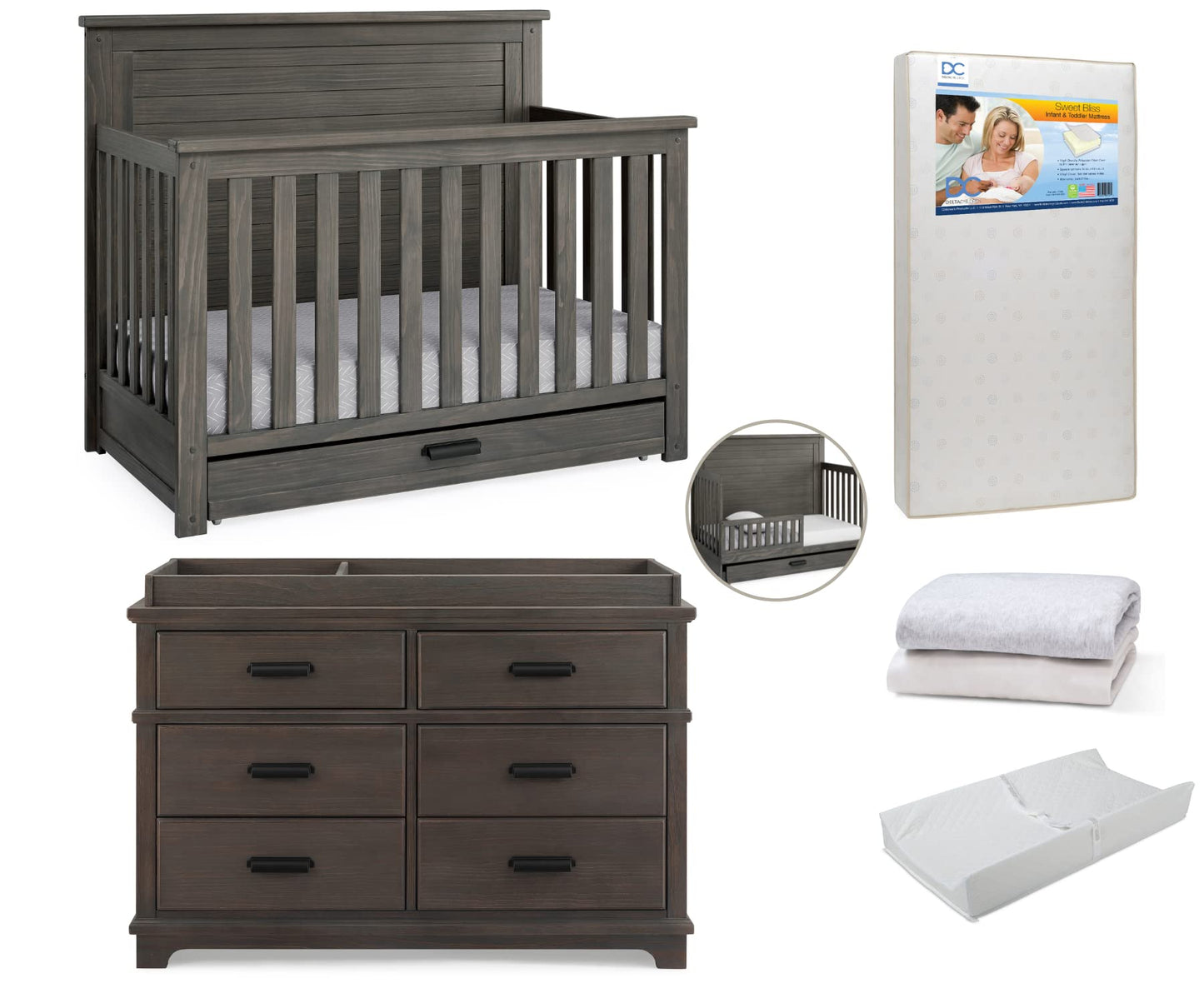 Delta Children Caden Crib 7-Piece Baby Nursery Furniture Set–Includes: Convertible Crib, Dresser, Changing Top, Crib Mattress, Sheets, Toddler Guardrail & Changing Pad, Rustic Grey