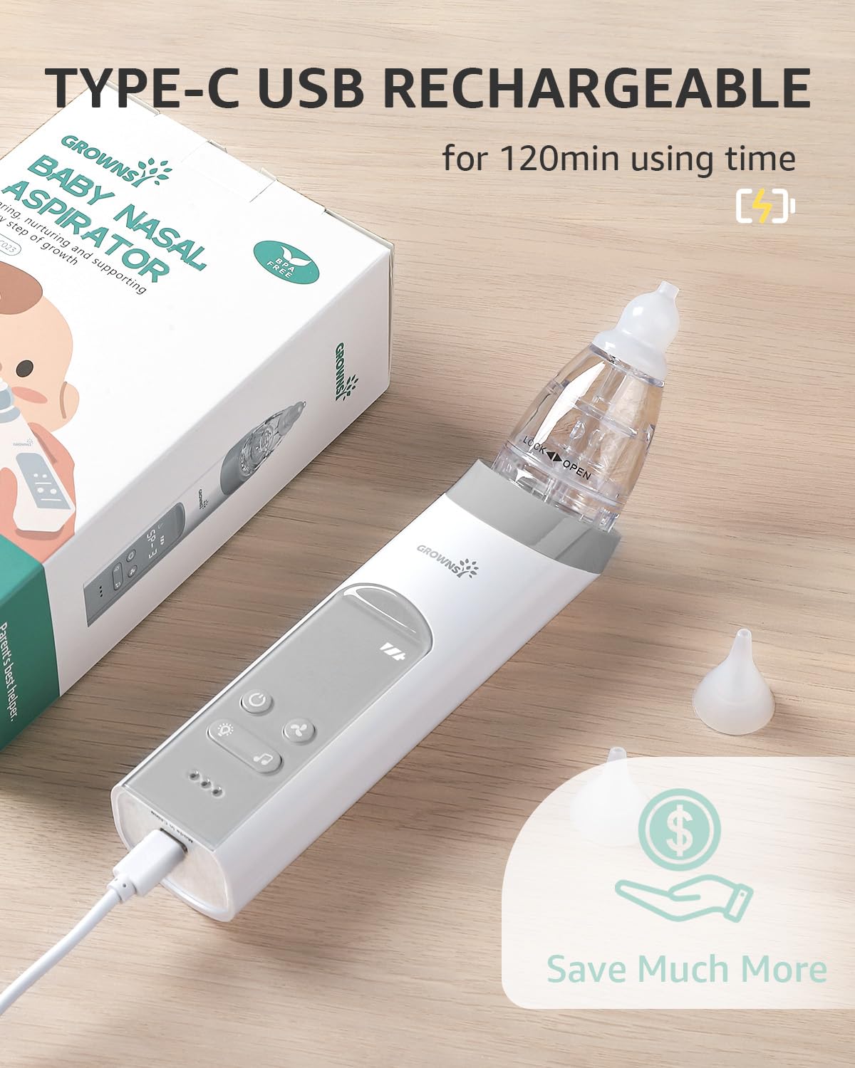 GROWNSY Nasal Aspirator for Baby, Electric Nose Aspirator for Toddler, Baby Nose Sucker, Automatic Nose Cleaner with 3 Silicone Tips, Adjustable Suction Level, Music and Light Soothing Function