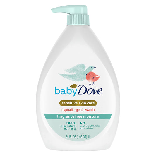 Baby Dove Cuidado de la piel sensible Jabón para bebé Sin fragancia Humedad para la hora del baño del bebé Sin fragancia e hipoalergénico, elimina las bacterias 34 oz