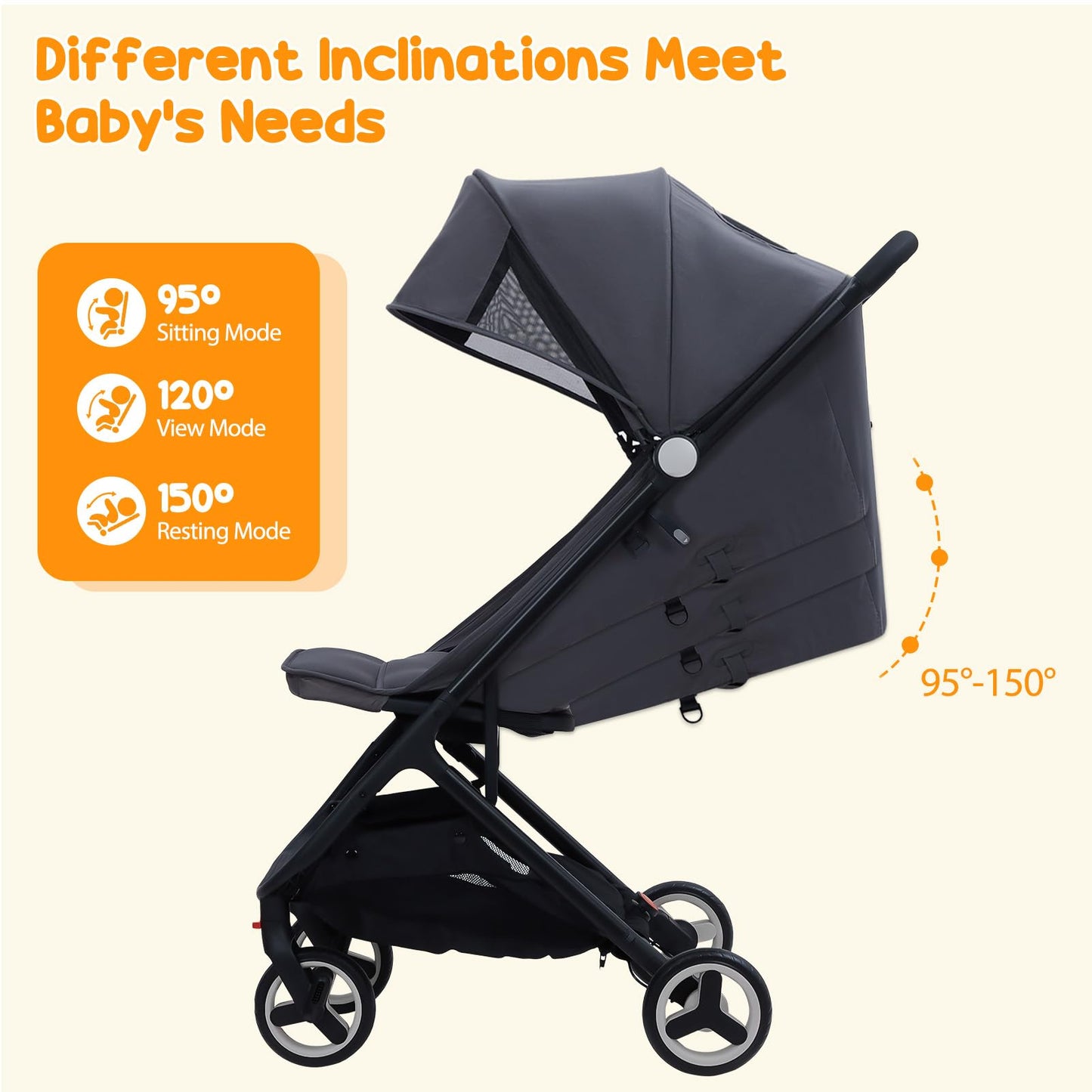 GAOMON Lightweight Stroller, Compact One Hand Fold Travel Stroller for Airplane Friendly, Reclining Seat and Canopy, Smooth Suspension, Travel System Ready, Black