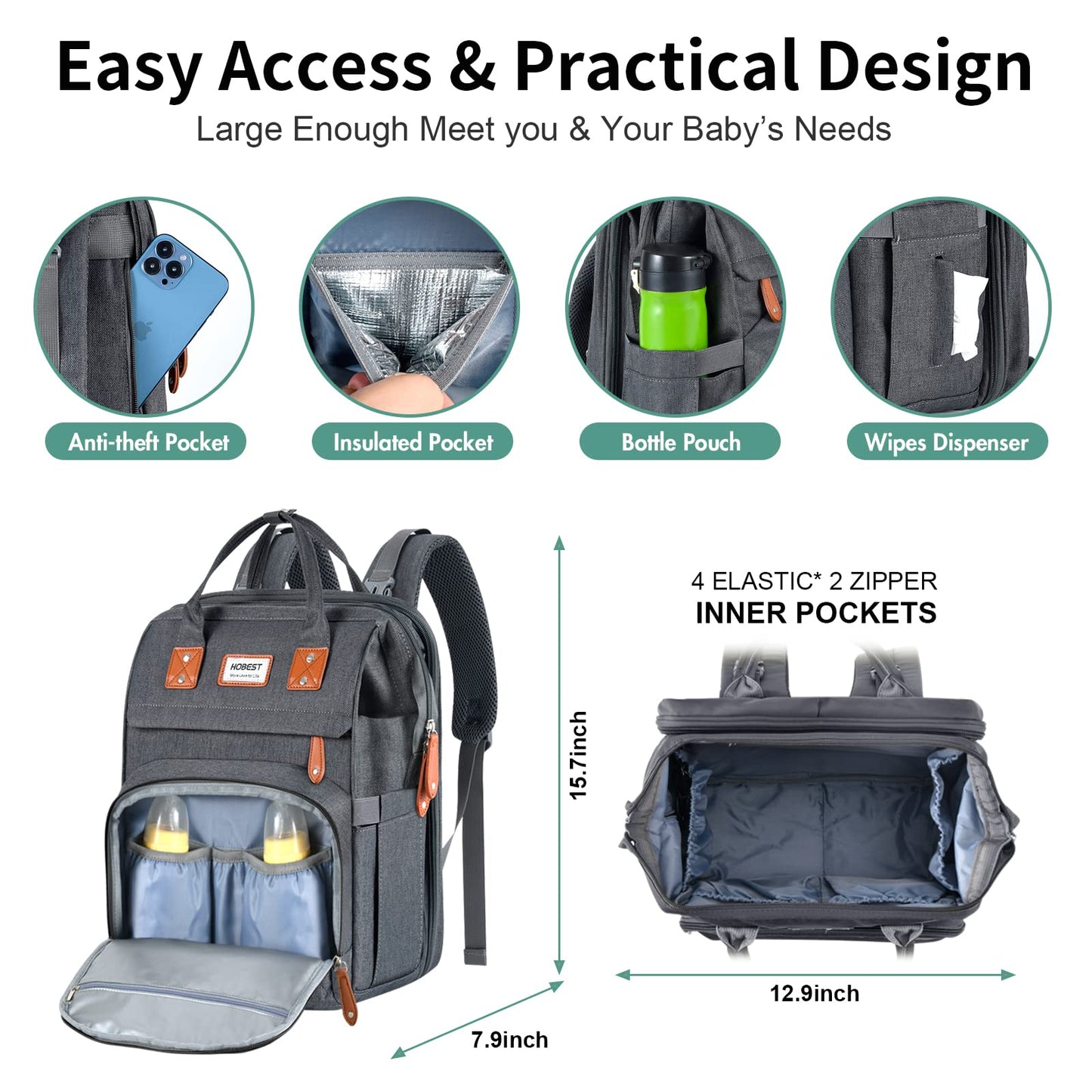 HOBEST Diaper Bag Backpack, Multifunction Large Travel Diaper Bag with Changing Pad and USB Charging Port for Moms Dads, Waterproof Unisex Baby Bag for Boys Girls, Baby Registry Search