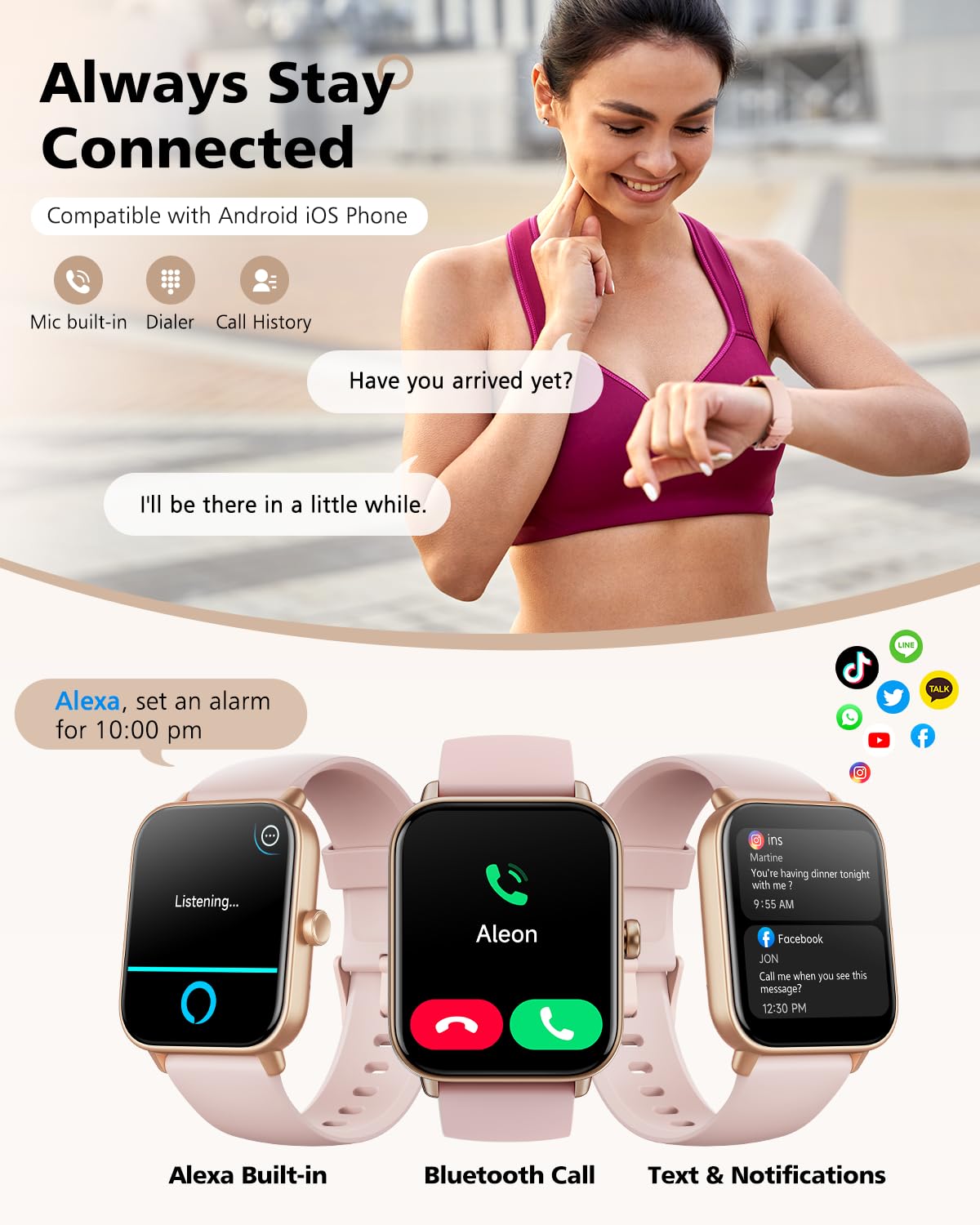 Smart Watch for Women, Android & iPhone Compatible, Fitness Watch Bluetooth Call & Receive Text, 1.8" Smartwatch with Alexa/Heart Rate/SpO2/Sleep Monitor/Calorie Step Tracker, Waterproof 7-Day Battery