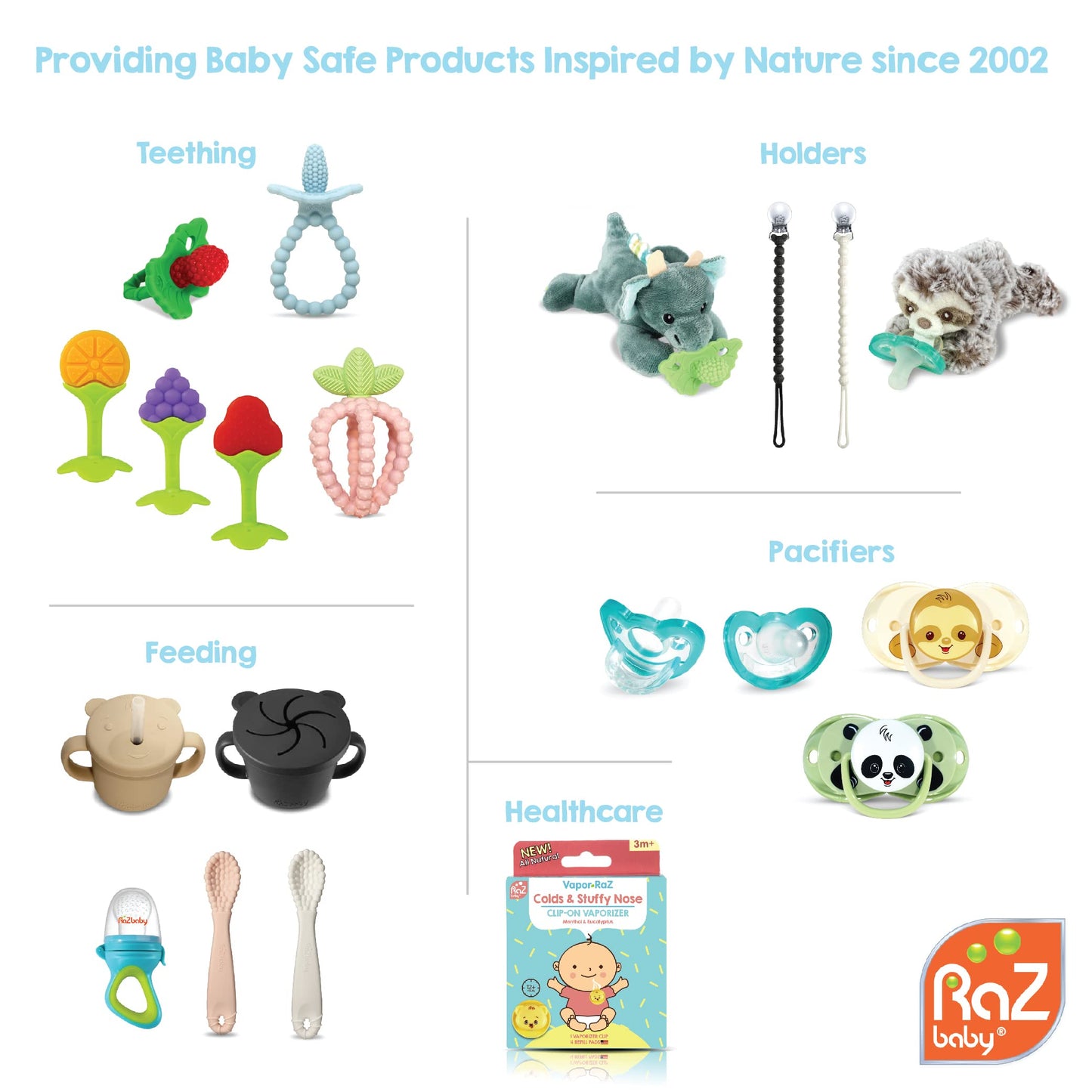 RaZbaby Baby Solids/Frozen Fruit Feeder Pacifier, Infant Teether Toy 6M+, BPA-Free Silicone Pouch & Nipple, Safely Introduce Solids, Teething Relief, Dishwasher Safe, 2-Pack – Orange/Blue + Green/Blue