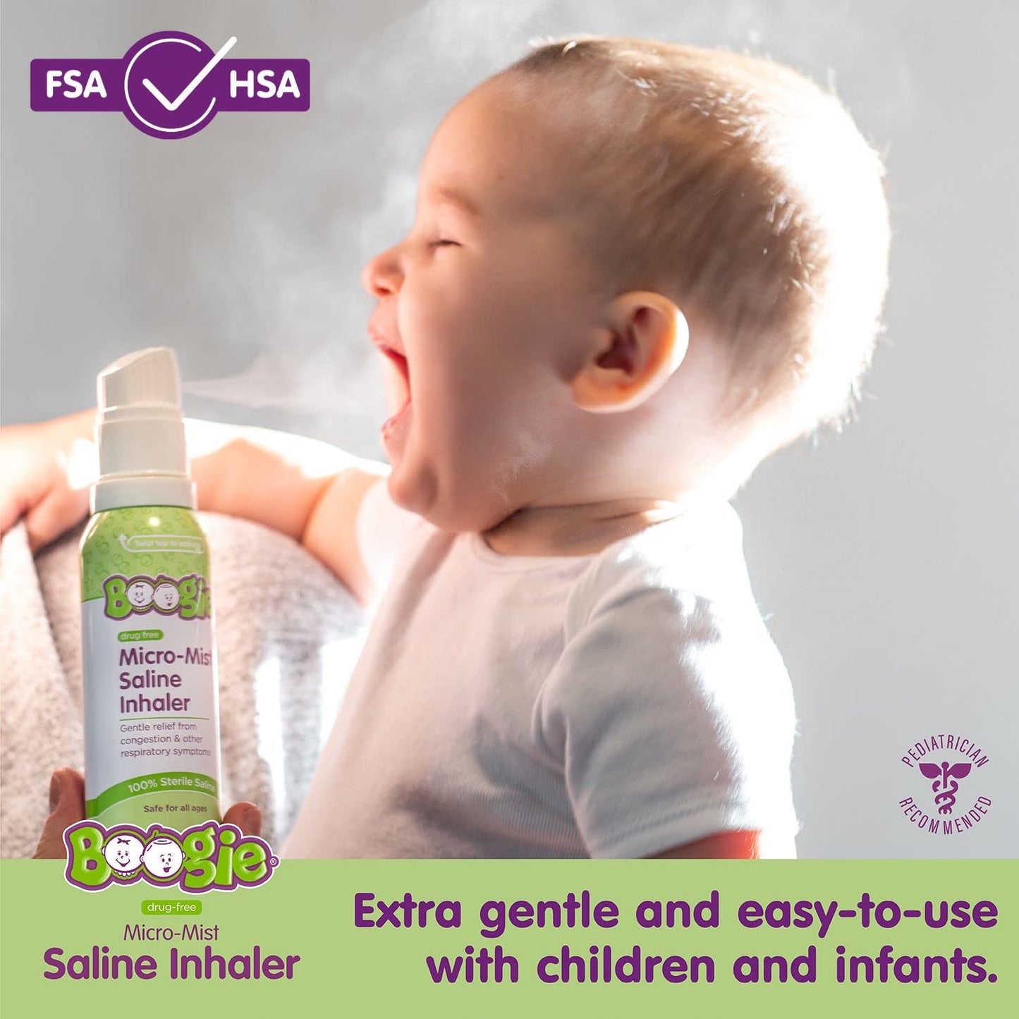 Boogie Micro-Mist Saline Inhaler, Baby Nose Congestion Relief, Nasal Spray for Kids, Pediatrician Recommended, HSA/FSA Eligible, 1.7oz Unscented - Pack of 1