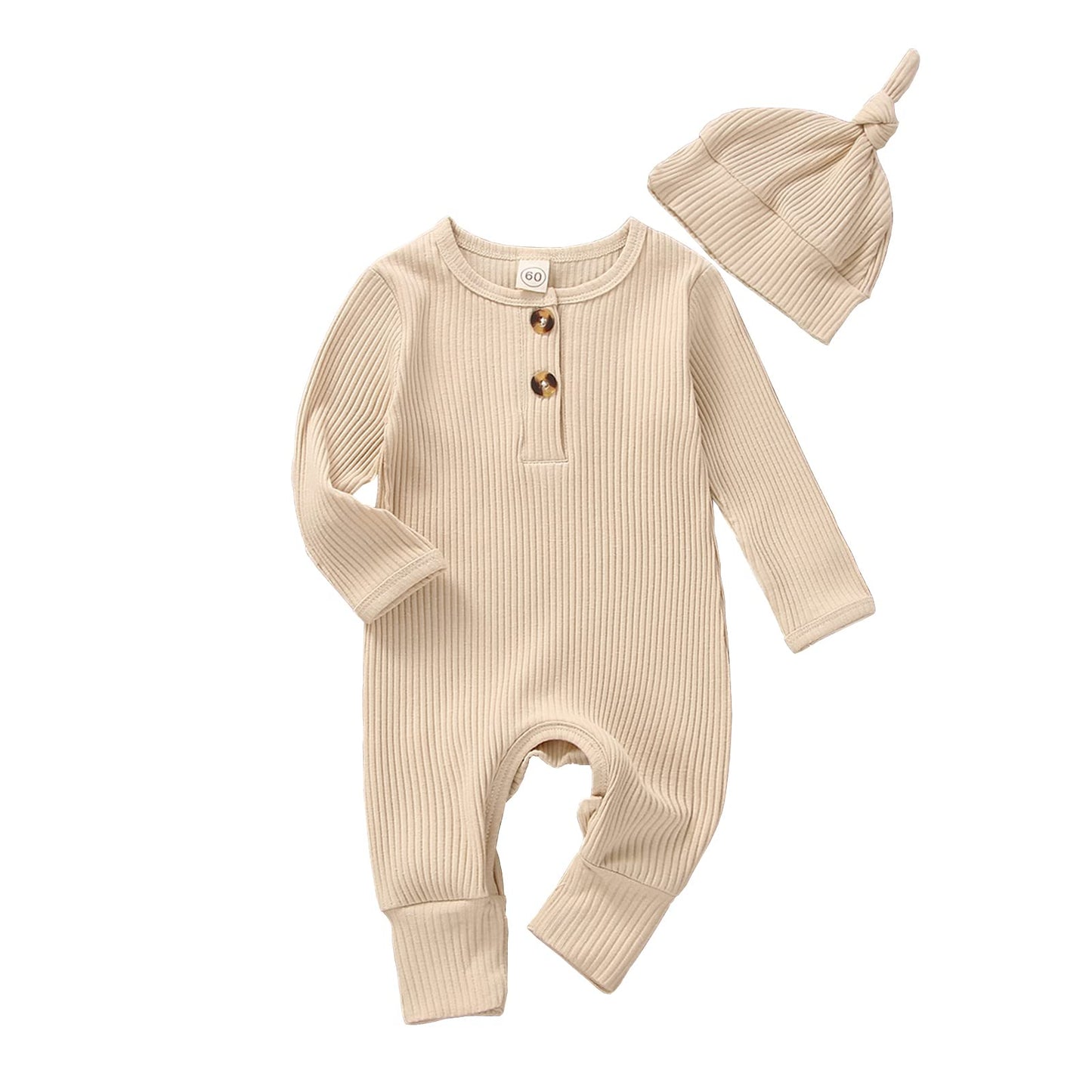 Conjunto de ropa para bebés y niñas, mameluco para recién nacido, gorro de punto acanalado, manga larga, mono liso con botones (Beige, recién nacido)