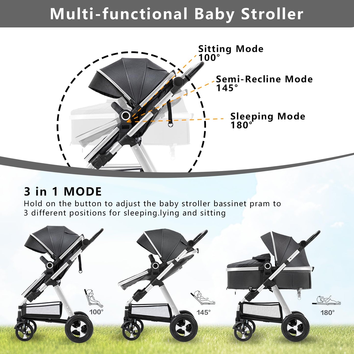 Blahoo Baby Stroller for Newborn, 2 in1 High Landscape Stroller, Foldable Aluminum Alloy Pushchair with Adjustable Backrest.Adjustable Awning, Variable Seat and Recliner(Black)