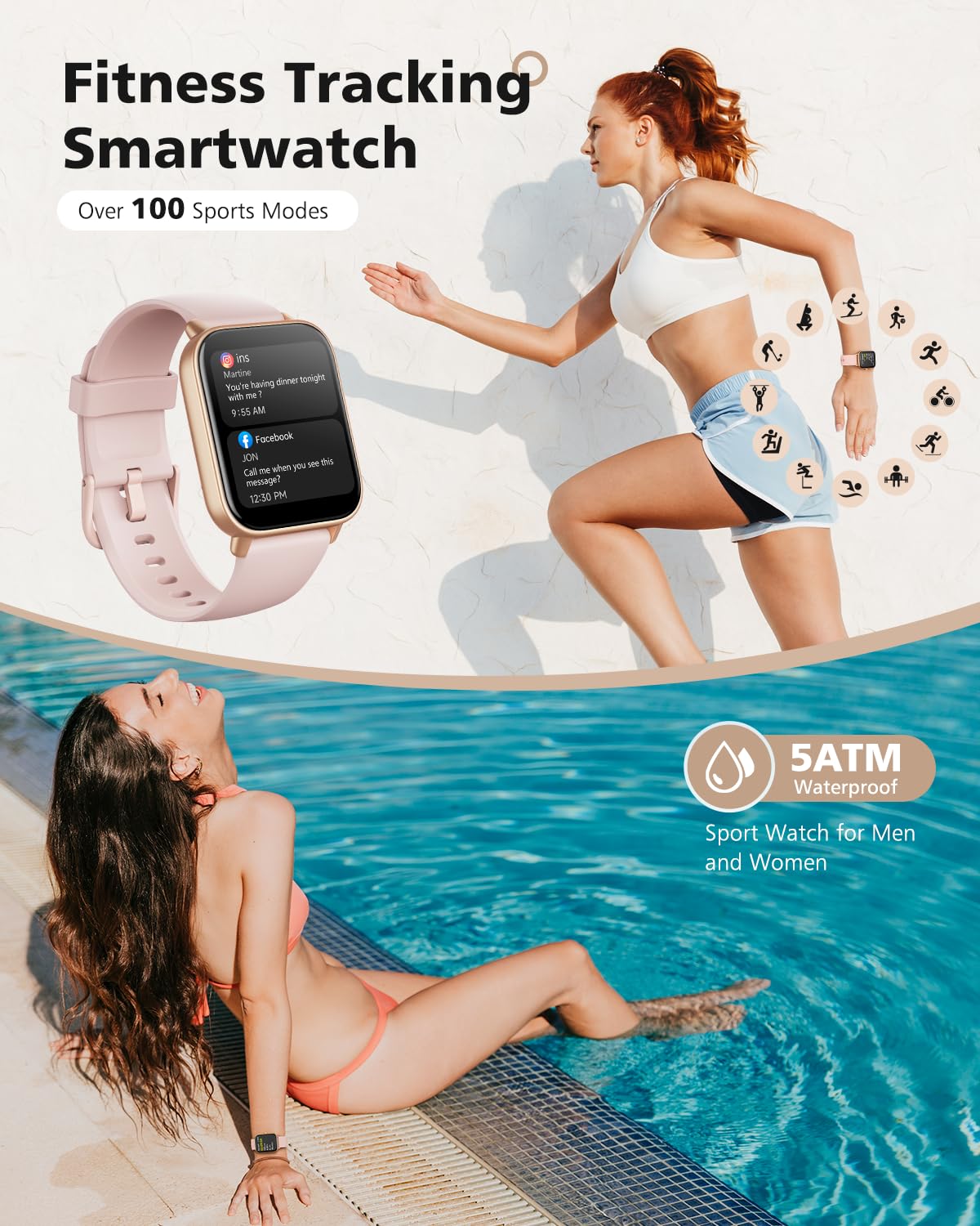 Smart Watch for Women, Android & iPhone Compatible, Fitness Watch Bluetooth Call & Receive Text, 1.8" Smartwatch with Alexa/Heart Rate/SpO2/Sleep Monitor/Calorie Step Tracker, Waterproof 7-Day Battery