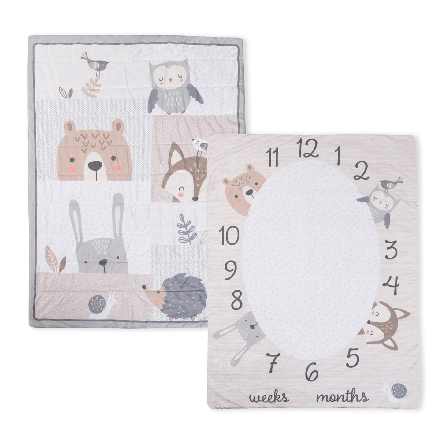 EXPRESSIONS 5 Piece Crib Bedding Set, Woodland Includes Reversible Milestone Baby Blanket, 2 Standard Fitted Crib Sheets, Security Blanket & Storage Tote