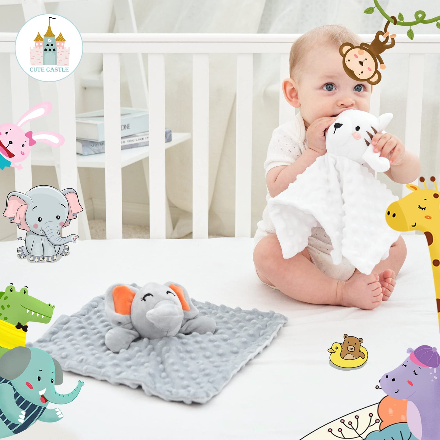 Cute Castle Security Blanket for Babies Gifts - Soft Unisex Newborn Essentials for Boys and Girls - Neutral Baby Stuff Snuggle Toy - Baby Registry Search Shower (Tiger & Grey Elephant)