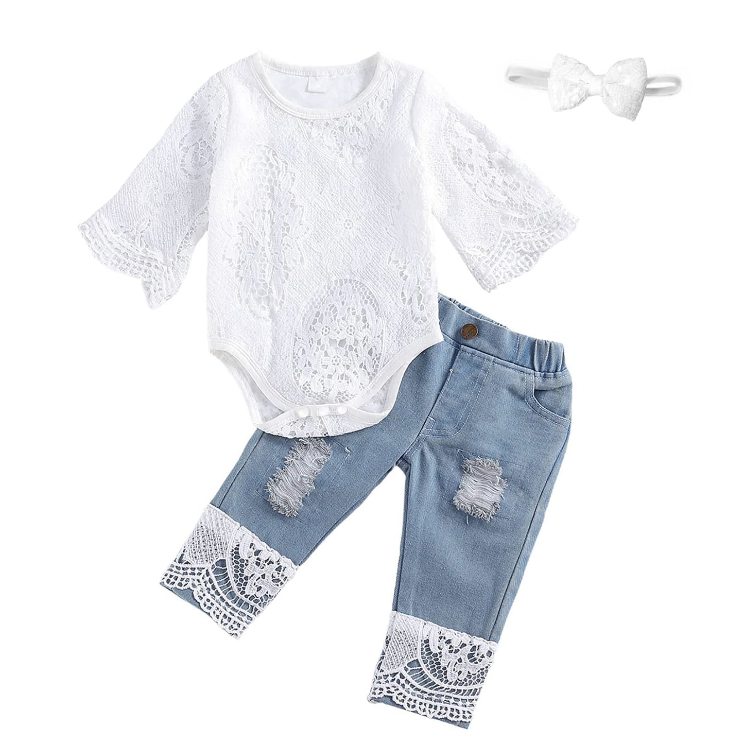 koramesis Baby Girl Clothes Set Lace Ruffle Romper Flare Denim Jean Pants and Headband 3Pcs Set Newborn Infant Outfits Set (White Straight, 3-6 Months)