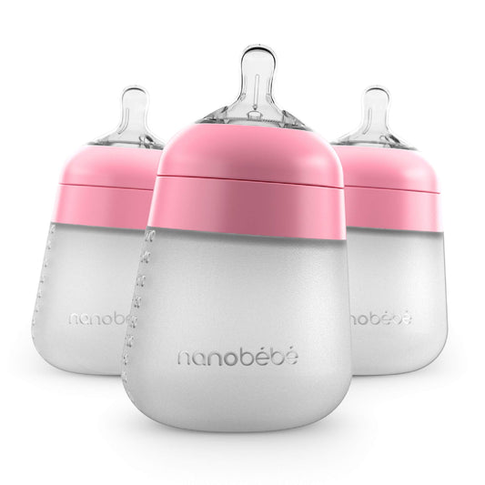 Nanobébé Flexy Silicone Baby Bottle, Anti-Colic, Natural Feel, Non-Collapsing Nipple, Non-Tip Stable Base, Easy to Clean, 3-Pack, Pink, 9oz