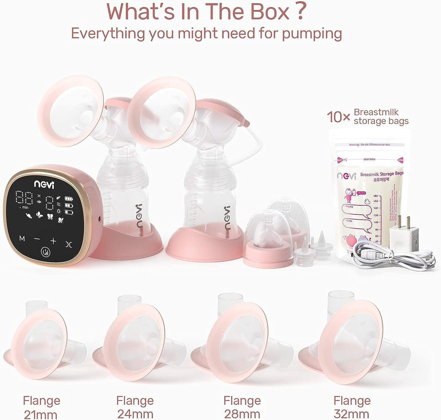 NCVI Double Electric Breast Pump 8782, Portable Anti-Backflow, with 4 Size Flanges, 4 Modes & 9 Levels, LED Display, 10 Breastmilk Storage Bags, Ultra-Quiet and Pain Free Breast Pumps