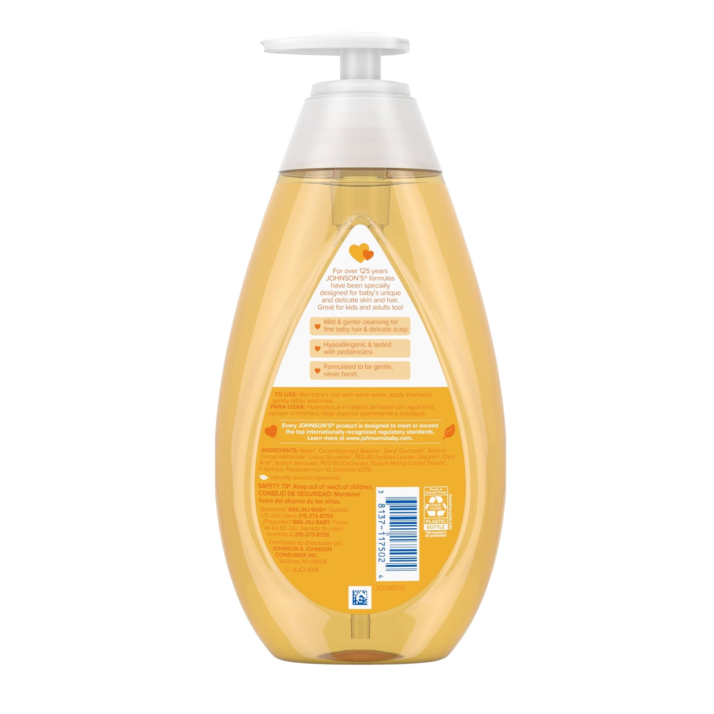 Johnson's Baby Shampoo con fórmula sin lágrimas, champú para el cuero cabelludo y la piel delicados del bebé, elimina suavemente la suciedad y los gérmenes, sin parabenos, ftalatos, sulfatos ni colorantes, 20.3 fl. onz