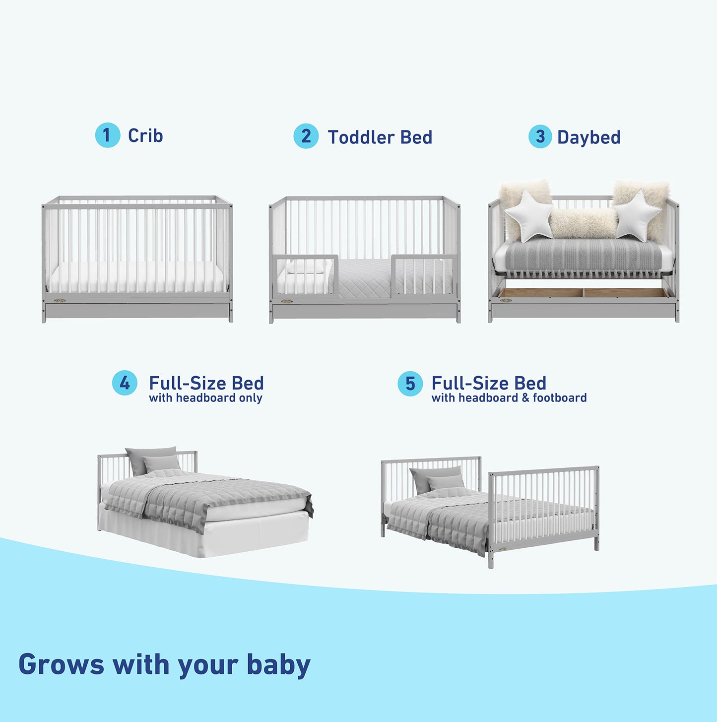 Graco Teddi 5-in-1 Convertible Crib with Drawer (Pebble Gray with White) – GREENGUARD Gold Certified, Crib with Drawer Combo, Full-Size Nursery Storage Drawer, Converts to Toddler Bed